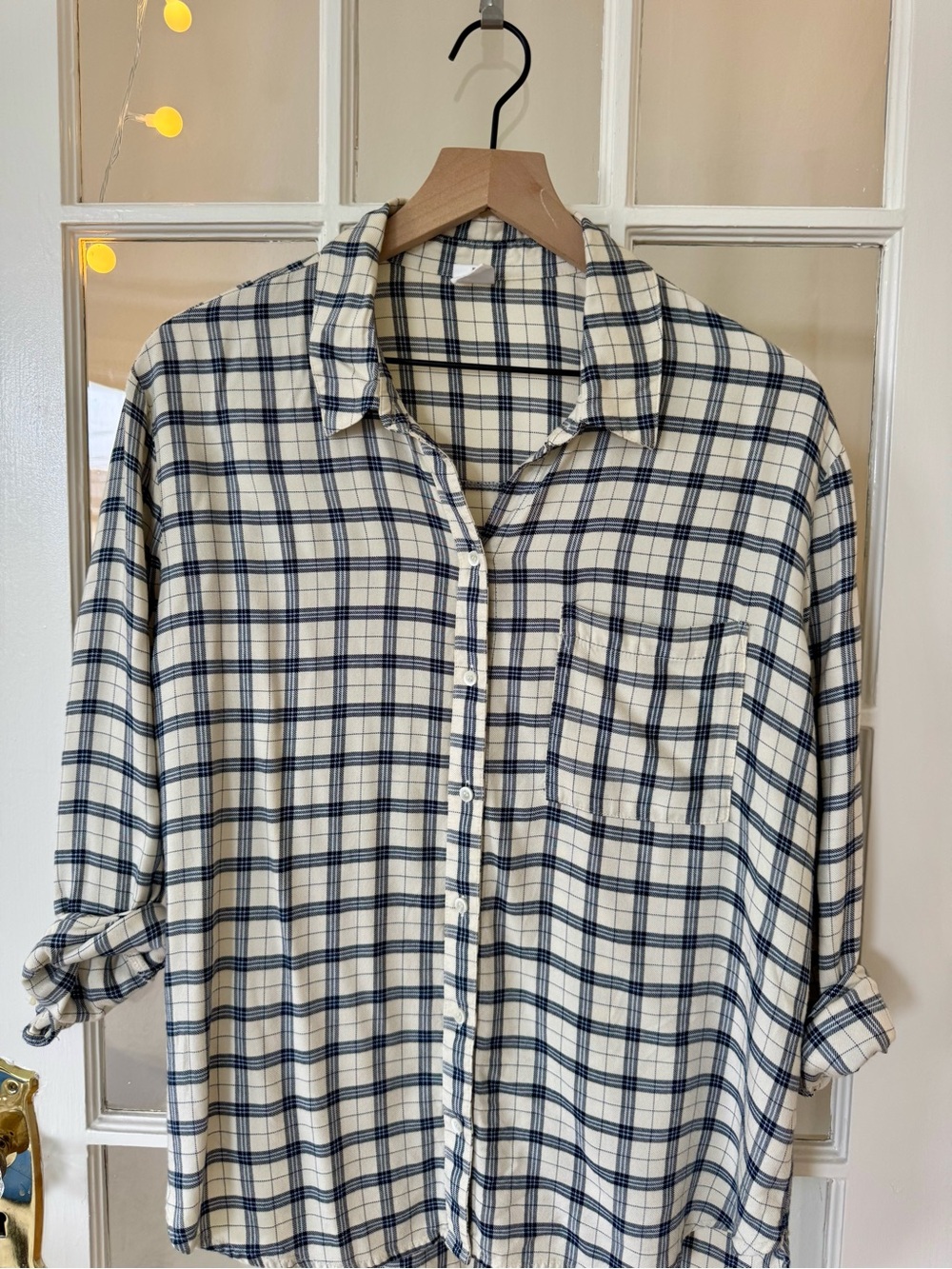 Soft Cream and Navy Plaid Grid Button-Up Shirt